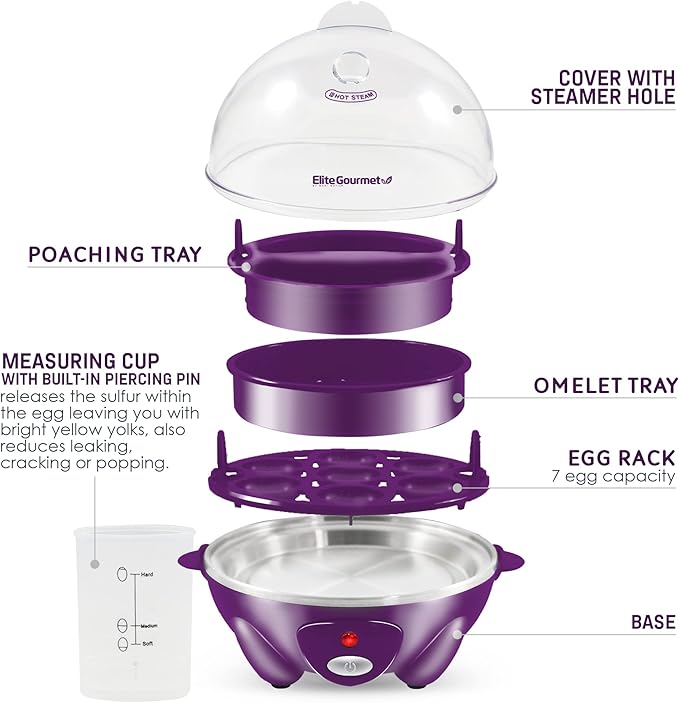 Elite Gourmet EGC700P# Rapid Egg Cooker, 7 Easy-To-Peel, Hard, Medium, Soft Boiled Eggs, Poacher, Omelet Maker, Auto Shut-Off, Alarm, 16-Recipe Booklet, BPA-Free, Eggplant
