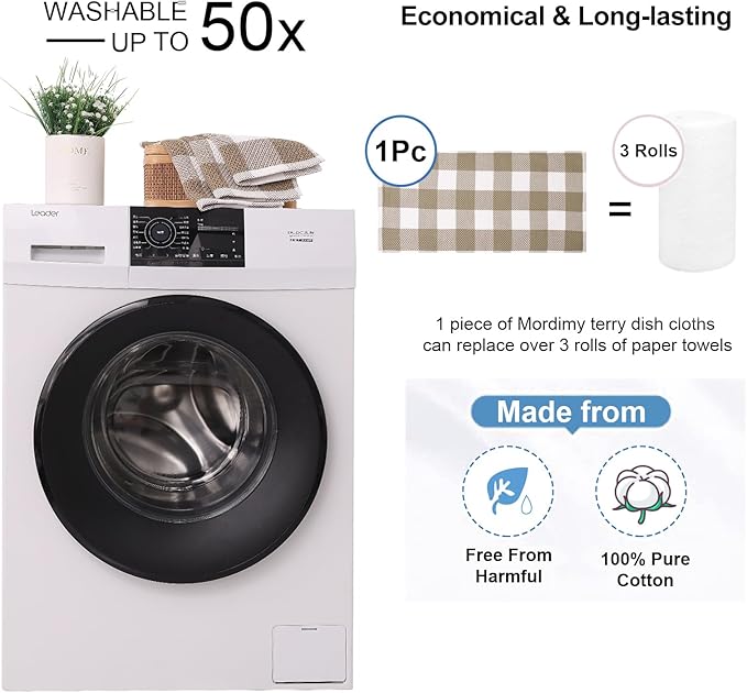Mordimy 100% Cotton Waffle Weave Kitchen Towels, 13 x 28 Inches, Super Soft and Absorbent Buffalo Check Dish Towels for Drying Dishes, 8-Pack, Khaki & White