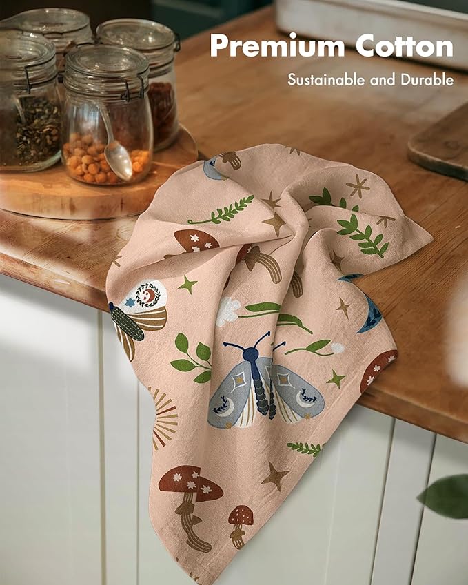 Miss Adola Flour Sack Kitchen Towels - Set of 2 Cotton Dish Towels with Hanging Loop Decorative 18x26 Inch Absorbent Cute Design for Housewarming Gifts, Mushroom