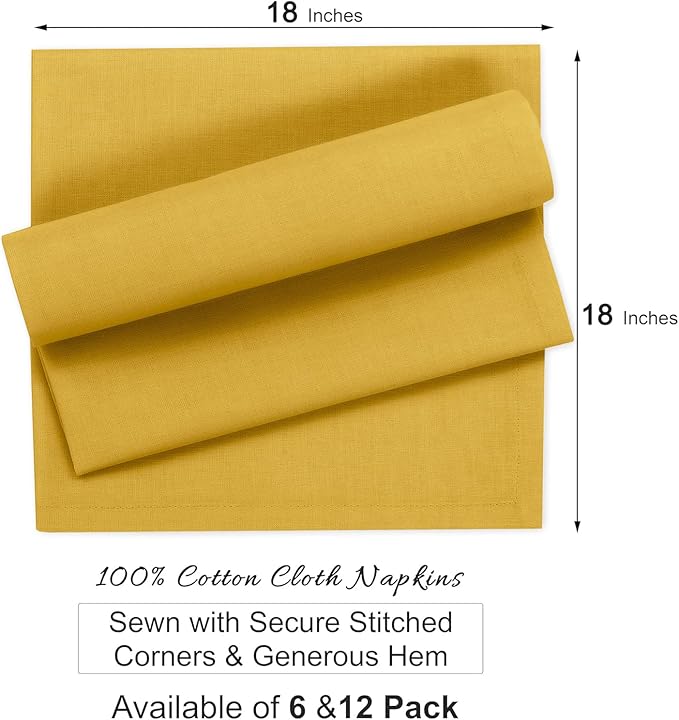 Ruvanti Cloth Napkins Set of 12, 100% Cotton High GSM 18x18 Inches Soft, Washable, Highly Durable & Absorbent, Perfect for Parties, Christmas, Thanksgiving Dinners – Spicy Mustard