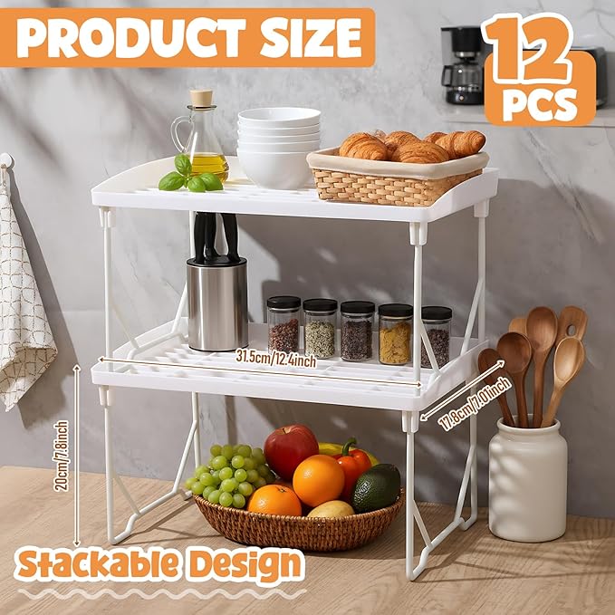 12 Pack White Stackable Plastic Kitchen Storage Shelf Foldable Racks, Pantry Shelf Cabinet Organizers, Expandable Storage Rack for Cabinet Fridge Bathroom (Plastic)