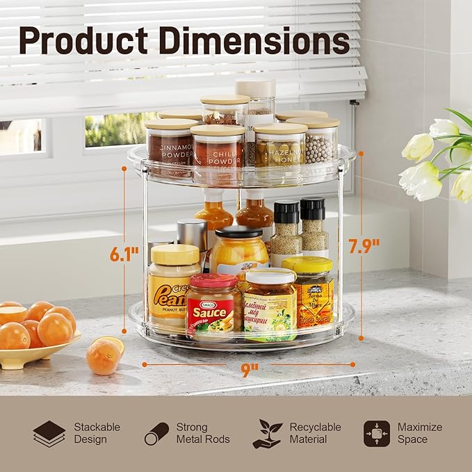 2 Pack 2 Tier Lazy Susan Organizer, 9.25'' Lazy Susan Turntable for Cabinet, Stackable Turntable Organizer Rotating Spice Rack Organization for Kitchen Countertop, Pantry, Bathroom, Clear