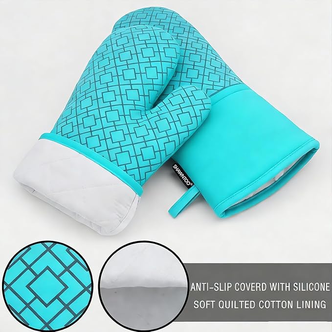 Oven Mitts and Pot Holders Sets 6pcs, Kitchen Oven Glove,High Heat Resistant 550 Degree Extra Long Oven Mitts and Potholders with Non-Slip Silicone Surface for Home Essentials (Grey) (Ice Blue)