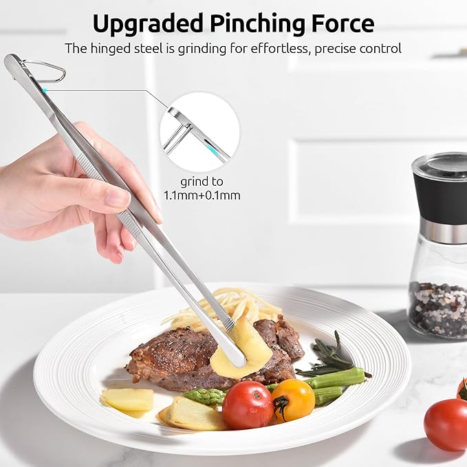 U-Taste 8"+10"+12" Kitchen Cooking Tweezer: 18/8 Stainless Steel Food-Grade Metal Food Tong, Flexible Pinching, Seamless-Welding and Sturdy for Serving Grilling Frying, Plating, Feeding (Round Tip)