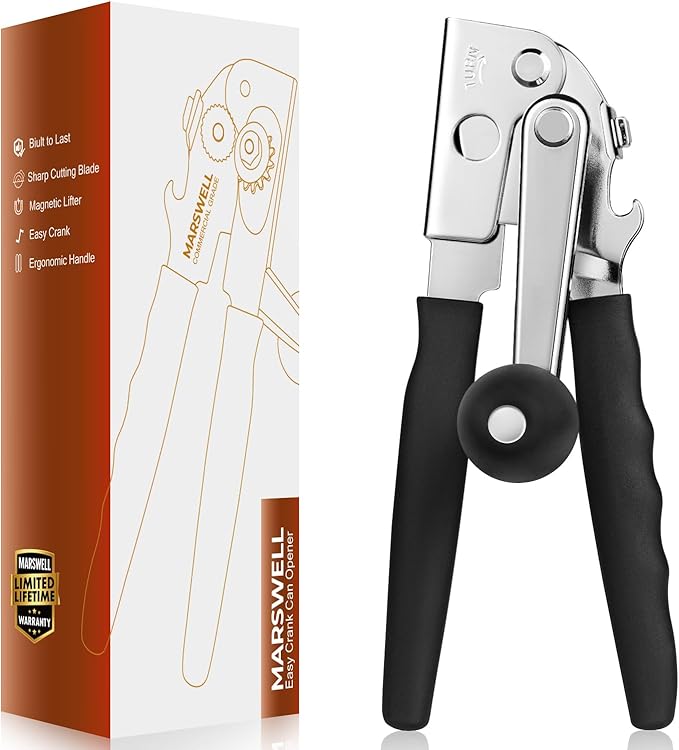 MARSWELL Heavy Duty Can Opener for Large Cans, Extra-Long Handles & Oversized Knob for Easy Cranking, Commercial Manual Hand Crank Opener Opens Big #10 Cans Smoothly, Strong All-Steel Construction
