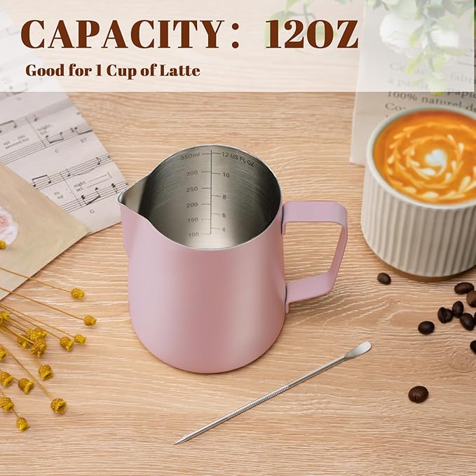 Amrules Milk Frothing Pitcher, 12 oz Milk Frother Cup with Clear Scale, 304 Stainless Steel Cappuccino Espresso Machine Accessories for Barista Coffee Bar with Latte Art Pen, Pink