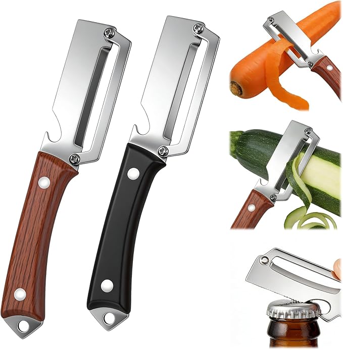 2PCS Premium Vegetable Peeler with Wooden Handle and Bottle Opener, 2026 New Multifunctional 2-in-1 Stainless Steel Kitchen Tool, Contour-Flow for Camping Apple Potato Pumpkin Papaya Peeling (Mix)