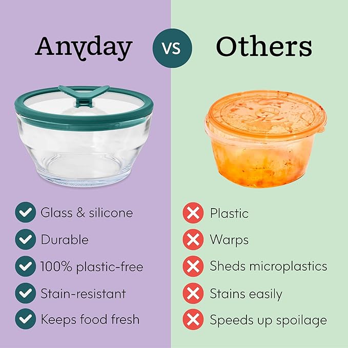 Anyday 2-Pack (2-Cup) Glass Food Storage Set with Glass Lids | Plastic-Free Meal Prep Set | Stackable Airtight Storage Container Set with Vented Lid for Microwave-Safe Reheating