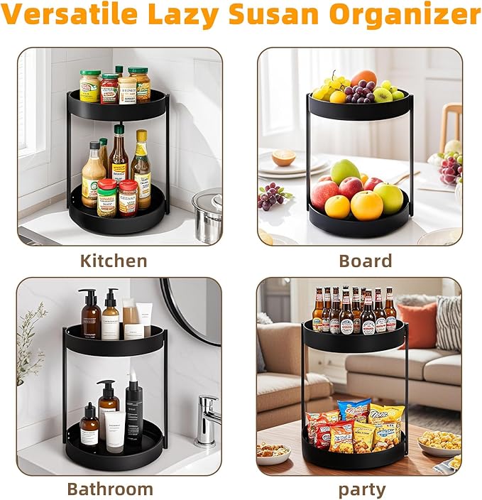 2 Tier Metal Lazy Susan Organizer, 12 Inch Rotating Turntable Double Lazy Susans for Cabinet Kitchen Bathroom, Anti-Rust Two Tiered Spinner Tray Carousel Organizer for Spice Rack Countertop Black