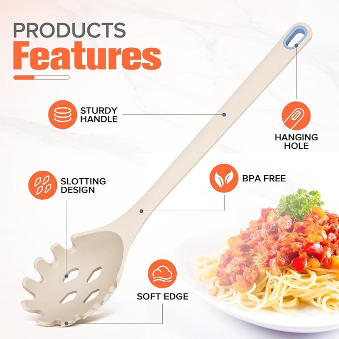 Silicone Spaghetti Spoon&Soup Ladle Cooking Utensils Set of 2,No Scratch for Nonstick Cookware,BPA Free, 450℉ Heat Resistant (KHAKI)