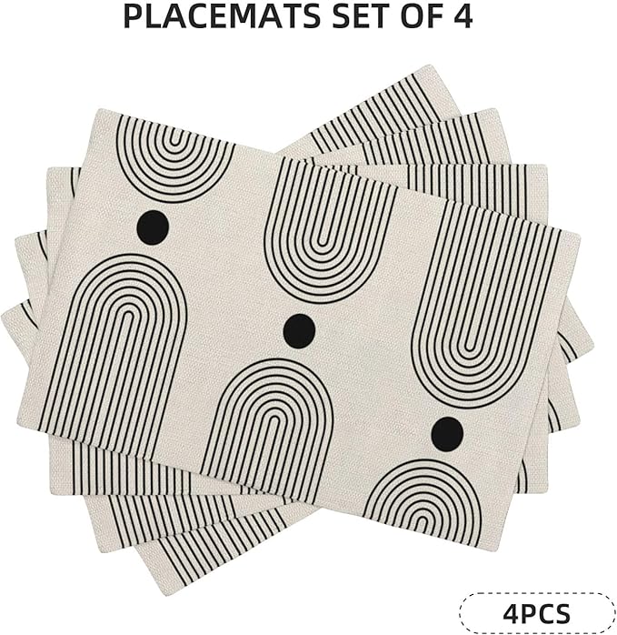 Boho Mid Century Placemats 12x18 Inch Set of 4, Abstract Simple Sun Arch Pattern Table Place Mat Boho Modern Black Spot Washable Table Mats Decorative Linen Fabric Table Mat for Dining Table