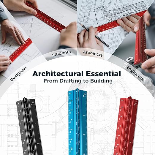 Rena Chris 2PCS Architectural Scale Ruler: 12" Imperial Aluminum Alloy Metal Architecture Measuring Tools, Engineering Drafting Construction Drawing Blueprints Triangular Architect Scaling Rulers