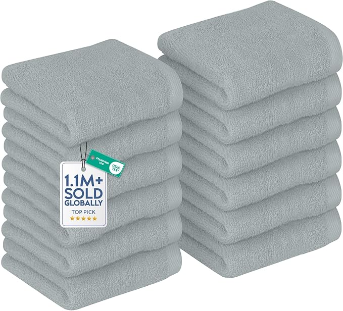 DAN RIVER 12 Pack Wash Cloths for Showering [12x12] - 100% Cotton Washcloths Premium Quality Flannel Face Cloths for Bathroom, Highly Absorbent and Soft Feel Wash Clothes, Silver