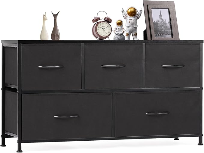 OLIXIS 5 Drawers Dresser for Bedroom, Fabric Storage Tower for Living Room, Entryway, Sturdy Steel Frame, Wooden Top & Easy Pull Fabric Bins