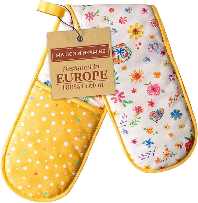 Maison d' Hermine Double Oven Mitts 100% Cotton 7"x35" Double Oven Mitt Heat Resistant BBQ Cooking Gloves with Loop Baking Grilling Gifts for Mothers Day Spring Summer (Happy Florals - Sweety)