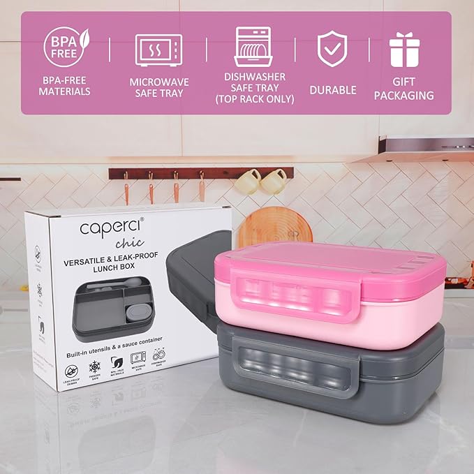 Caperci Stackable Bento Lunch Box for Adult & Teens - Reinforced Leak-Proof Lunch Container 4-Compartment with Utensils & Sauce Container, BPA-Free, Dishwasher/Microwave Safe, 47oz (Cherry Blossom)