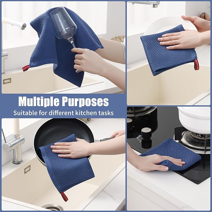Kitinjoy 100% Cotton Kitchen Towels and Dishcloths Set, 12 Pack-13" x 28" and 12" x 12" Waffle Weave Dish Towels, Ultra Soft Absorbent Quick Drying Dish Rags, Navy Blue