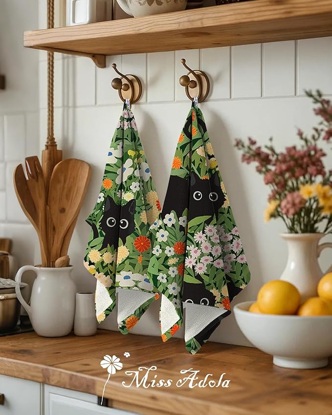 Miss Adola Cotton Kitchen Towels Set of 2 - Cute Design 16×26 Inch Dish Towels for Kitchen with Hanging Loop Black Cats Quick Dry Hand Towels Soft & Absorbent, Home Decorative, Terry Cloth Tea Towels