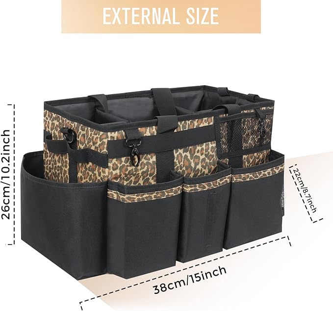 SCAVATA Wearable Cleaning Caddy, Cleaning Caddy Supplies Organizer with Handle & Shoulder Straps for Housekeepers, Under Sink & Car Cleaning Tool Organizers Bag with 4 Foldable Divider (Leopard)