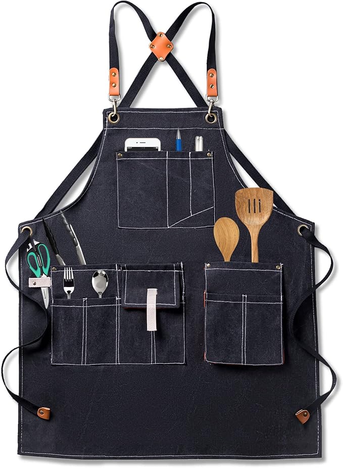 Aoomzoon Canvas Aprons for Men Chef Apron, Work Apron with Large Pockets - 16oz Heavy Duty Cross Back, BBQ, Cooking