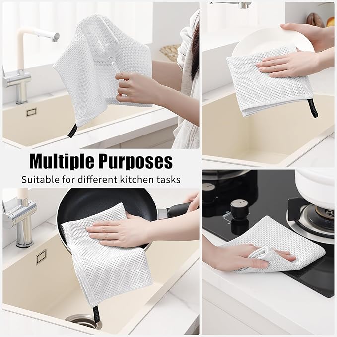 Kitinjoy 100% Cotton Kitchen Towels and Dishcloths Set, 8 Pack-13" x 28" and 12" x 12" Waffle Weave Dish Towels, Ultra Soft Absorbent Quick Drying Dish Rags, White
