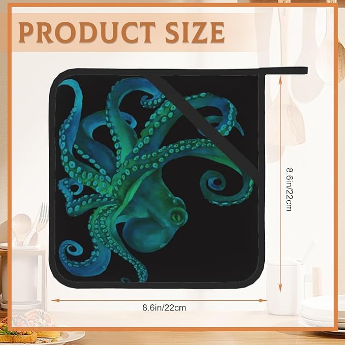 Green Octopus Pot Holders Set of 2 Heat Resistant Potholders,Fire Oven Hot Pads for Kitchen Cooking Baking Barbecue