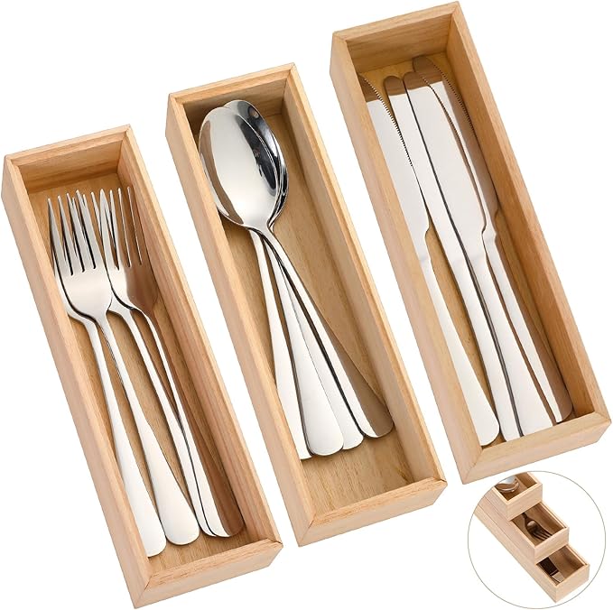 Baderke 3 Pcs Bamboo Drawer Organizer 10 x 3 x 2'' Kitchen Silverware Organizer Tray Long Stackable Storage Box Wooden Utensil Holder with Silverware Set for Kitchen Bathroom Cabinet(Natural)