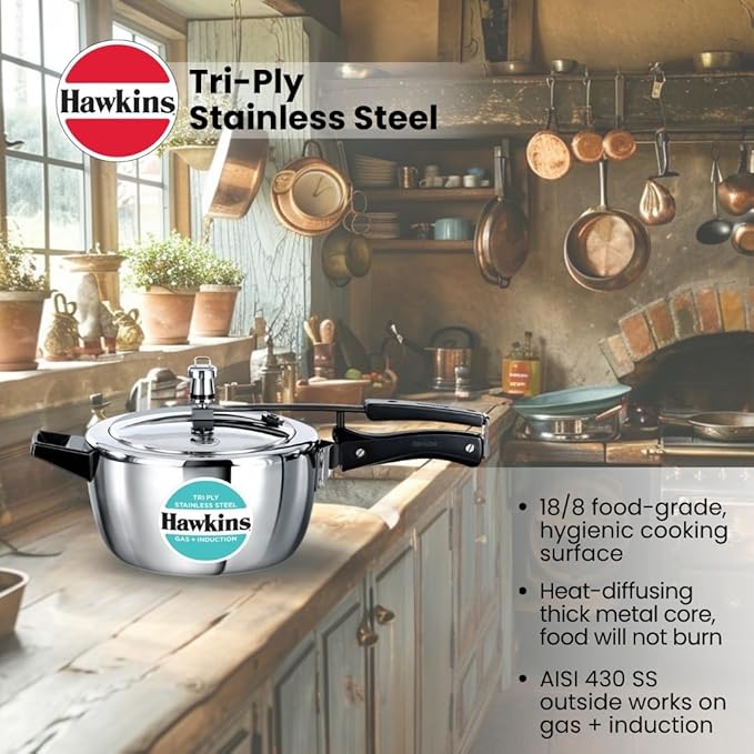 Hawkins 3.5 Litre Triply Stainless Steel Pressure Cooker, Inner Lid Cooker, Silver (HSST35)