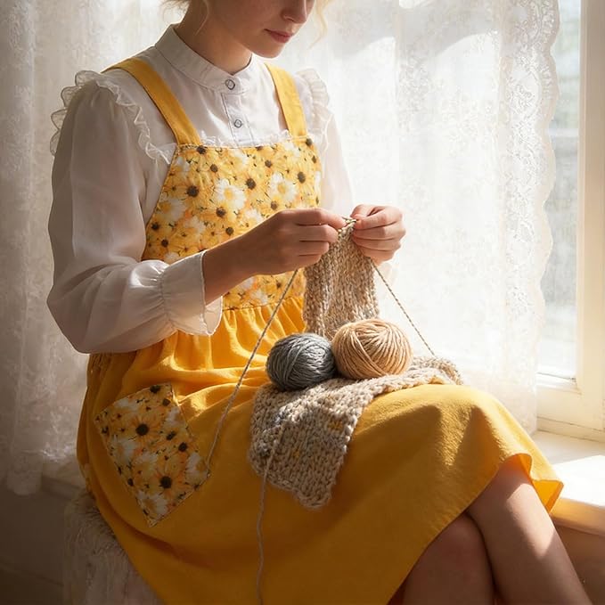 Uaussi Cotton Linen Apron Cross Back Work Apron for Women with Pockets Pinafore Dress X Cross Halter Apron for Chef Gardening