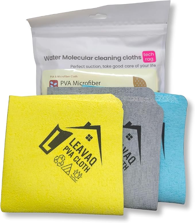 Leavaq PVA Microfiber Cleaning Cloth 3-Pack — Streak-Free Shammy Towel, Super Absorbent Chamois Cloth for Kitchen, Glass, Mirror, Bathroom | No Chemicals Needed | Reusable 12"x12"