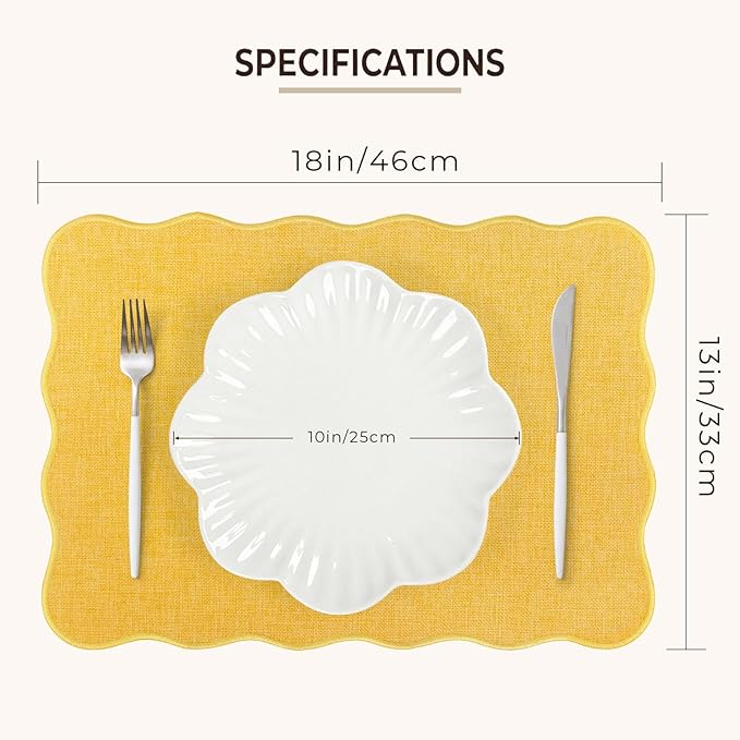 AHHFSMEI Faux Linen Placemats Set of 6 Heat Resistant Non-Slip Stain Proof Table Mats for Kitchen Dining Elegant Decor Place Mats (Yellow)