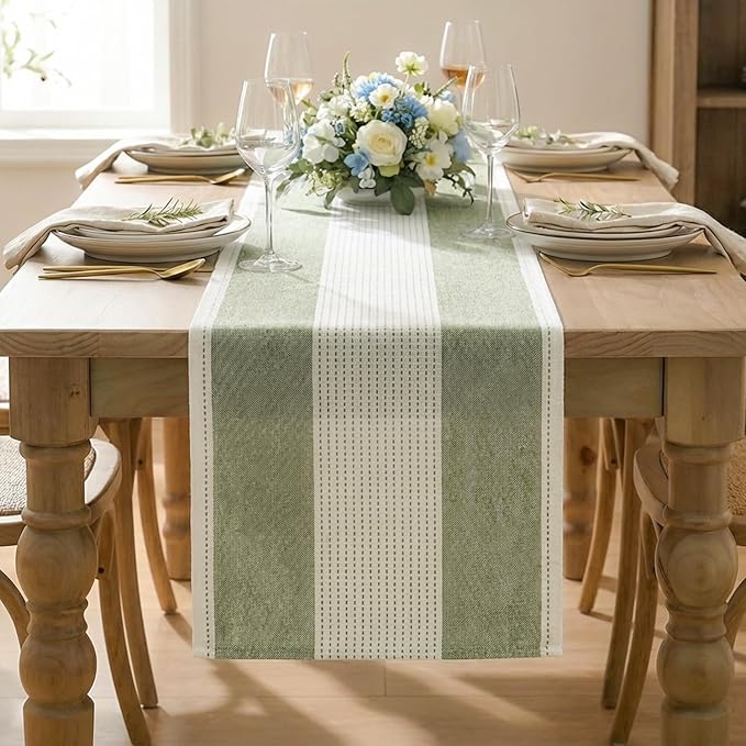 Artoid Mode Sage Green Farmhouse Rustic Table Runner, Seasonal Macrame Fabric Kitchen Dining Holiday Wedding Table Decor for Home Party 13x60 Inch