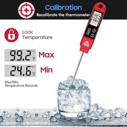Digital Food Cooking Thermometer, 304 (18/10) Stainless Steel Thermometer Instant Read Meat Thermometer for BBQ Grill Smoker Milk and Water (Red)