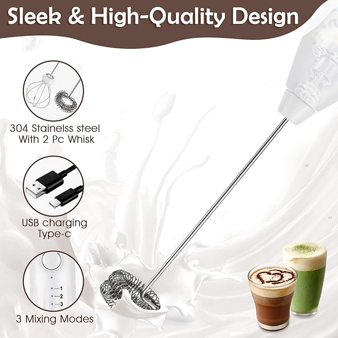Milk Frother Handheld Rechargeable, Frother Wand Drink Mixer Electric Whisk for Coffee, Detachable With 2 Stainless Whisks, Hand Mixer for Lattes, Matcha, Egg(White)