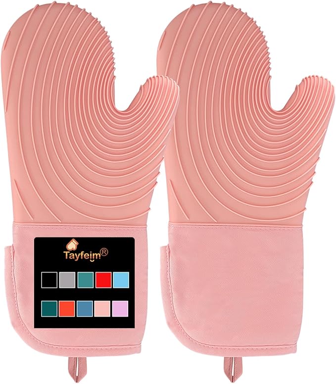 Silicone Oven Mitts-13.6 in Extended Oven Mitts Heat Resistant 500F, Oven Gloves with Soft Liner Good Grippy BPA-Free Easy to Clean Flexible-Oven Mits Set for Cooking Baking Grilling BBQ
