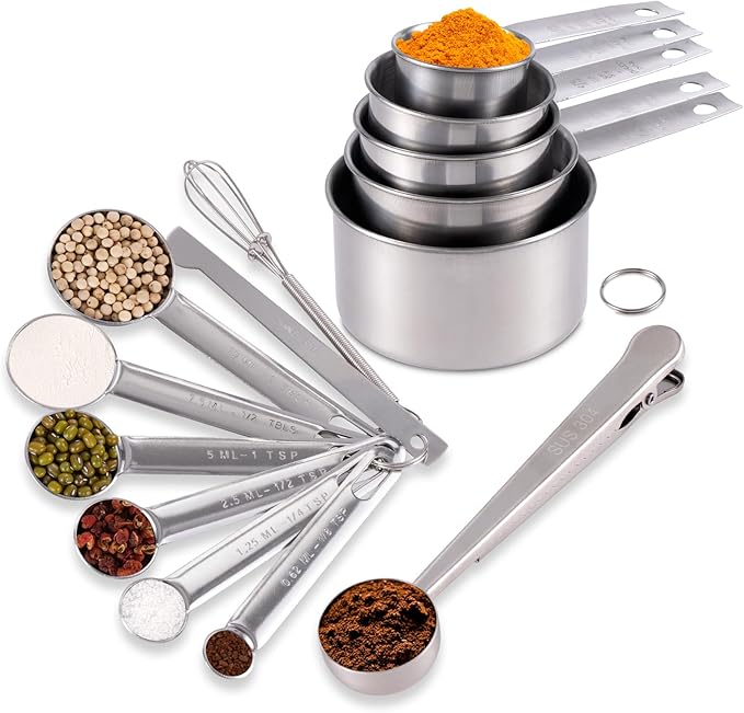14 Piece Measuring Cups and Spoons Set Stainless Steel - 5 Nesting Measuring Cups & 6 Measuring Spoons, 1 Coffee Scoop & 1 Leveler & 1 Mini Blender for Cooking Baking