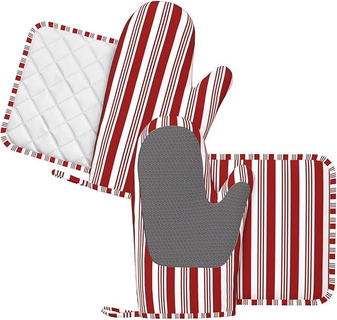 Abstract Red and White Striped Oven Mitts and Pot Holders Set, 4pcs Candy Cane Pattern Christmas Silicone Oven Glove for Kitchen Heat Resistant Oven Mitts and Potholders Non-Slip for Cooking