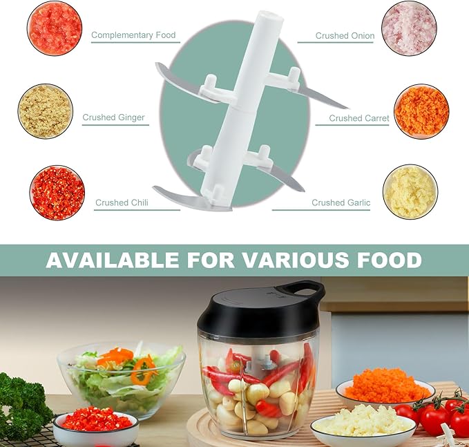 Manual Vegetable Chopper Hand String Garlic Mincer Hand Chopper for Kitchen 900ml With Egg Whisk Onion Cutter for Ginger, Chili, Fruit, Meat, Nuts