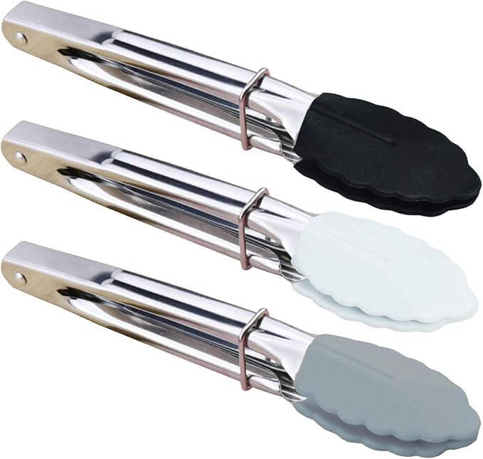 HINMAY Mini Tongs with Silicone Tips 7-Inch Small Serving Tongs, Set of 3 (Black White Gray)