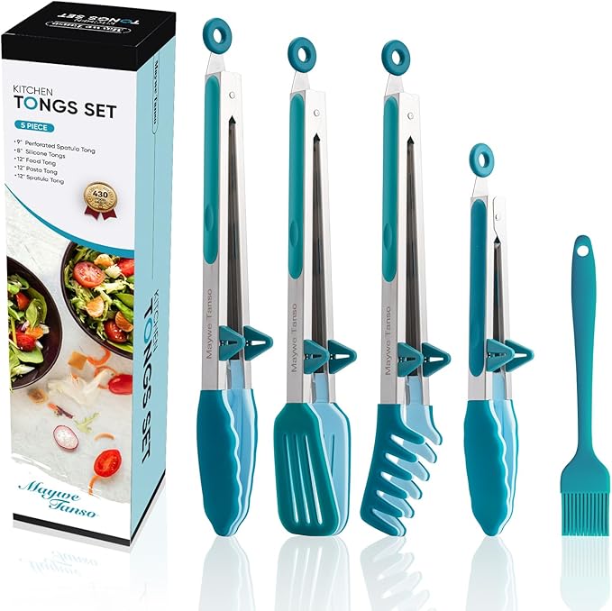 5-Pack Silicone Tongs for Cooking,Maywe Tanso 4PCS 13-Inch Kitchen Tongs with Silicone Tips,Nonstick Stainless Steel Tong for Steak Pie Pizza Pasta Spaghetti Salad BBQ Buffet,Plus Brush
