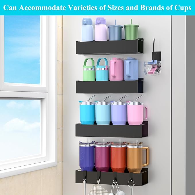 HuggieGems Metal Magnetic Water Bottle Holder for Refrigerator, Cup Holder Organizer for Stanley and Tumbler for Kitchen, 4 Pack, Jet Black