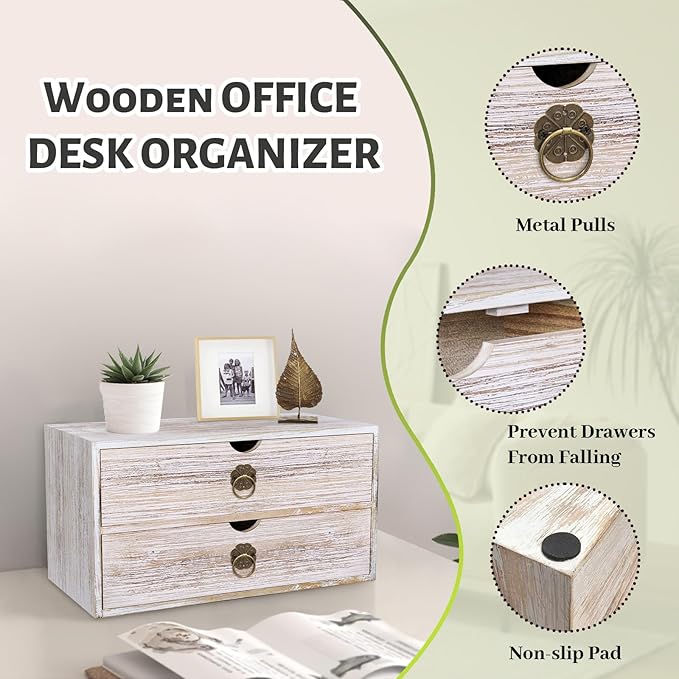 Wood Desk Organizer, Vintage Brown Wooden Desktop Organizer with Drawer, Tabletop Storage Organization Box for Countertop, Home Office Supplies, Bills, 13.3 x 6.5 x 7 Inches(2 Drawer)