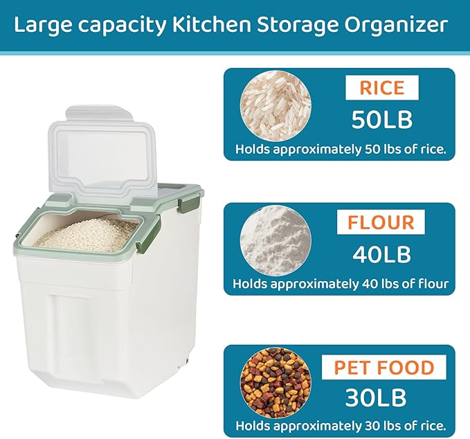 PENCK Rice Storage Container 50 lbs Large Household Flour Sugar Containers Airtight Grain Cereal Dispenser with Wheels, Locking Lid & Measuring Cup for Kitchen Pantry Organization, 2 Pack(Green)