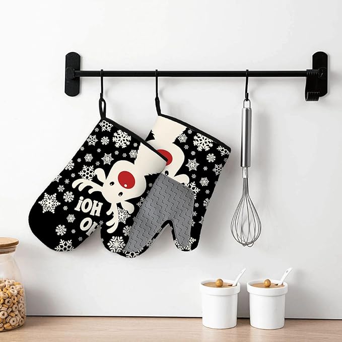 Christmas Snowman Oven Mitts & Pot Holders (3PCS), Cute Deer Snowflake Heat Resistant & Non-Slip Silicone Gloves for Cooking, Baking, BBQ, Christmas Kitchen Decor Gift