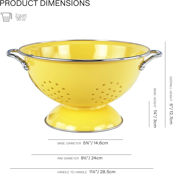 Reston Lloyd, 3 Quart Powder Coated Steel Kitchen Strainer Basket for draining Pasta, Vegetable and Fruit, Chrome Handles and Wide Stable Base, Lemon