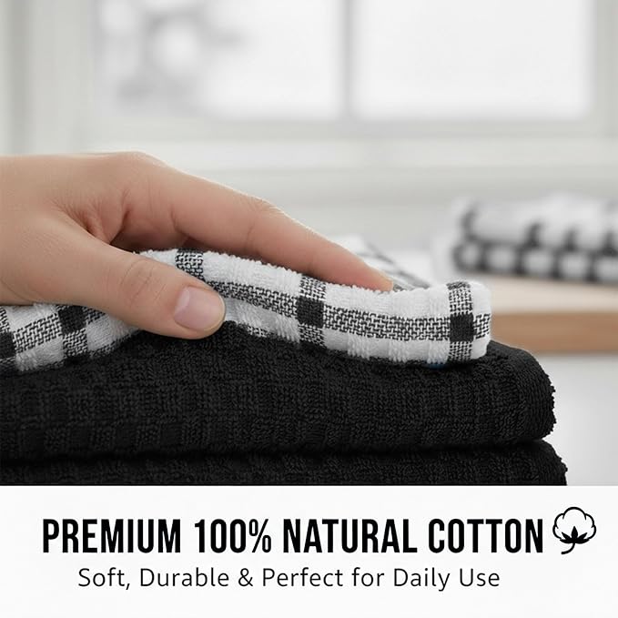 GOLD TEXTILES 100% Cotton Waffle Weave Kitchen Dish Towels 15x25 Inches, Ultra Soft Absorbent Quick Drying Dish Towels (144, Black)