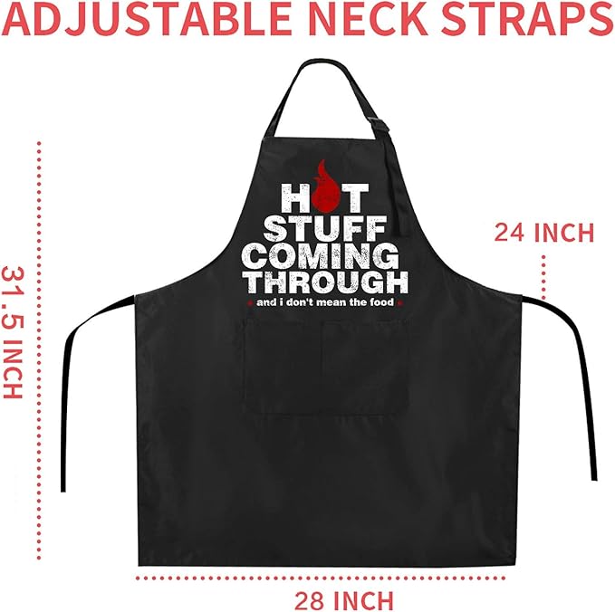 Rosoz Funny BBQ Black Chef Aprons for Men, Hot Stuff Coming Through, Adjustable Kitchen Cooking Aprons with Pocket Waterproof Oil Proof Valentine's Day/Birthday