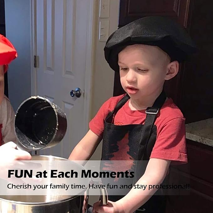 Novelty Place Kid's Apron with Chef Hat Set (3 Set) - Skin-friendly Children’s Bib with Pocket - Cooking, Baking, Painting, Training Wear - Kid's Size (6-12 Year, Black)