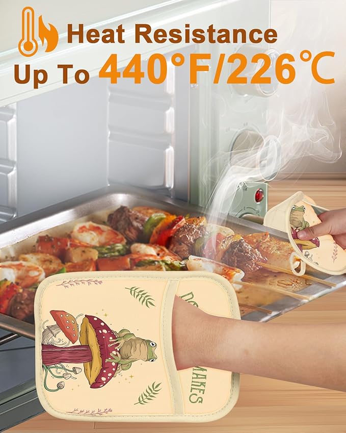Swooflia 100% Cotton Pot Holders 2 Pack Set for Kitchen with Pockets - Cute 440°F Heat Resistant Oven Hot Pads Heavy Duty for Countertop Home Cooking Baking Microwave BBQ Farmhouse Frog