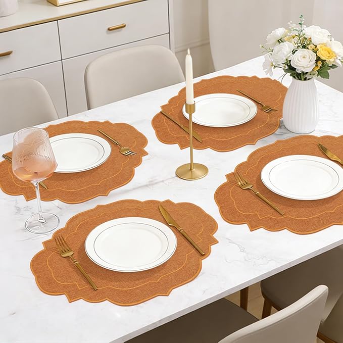 Cotton Linen Oval Placemats Set of 4, HADEEONG Table Mats Cloth Placemats, Washable Wrinkle Resistance, Scalloped & Embroidered Fabric Placemats, 17.71 x 13.77inch (Orange, 4)